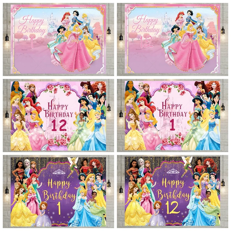 

Disney Princess Baby Girl's Birthday Backdrops for Photography Baby Shower Party Photo Photographic Backgrounds Studio Shoots