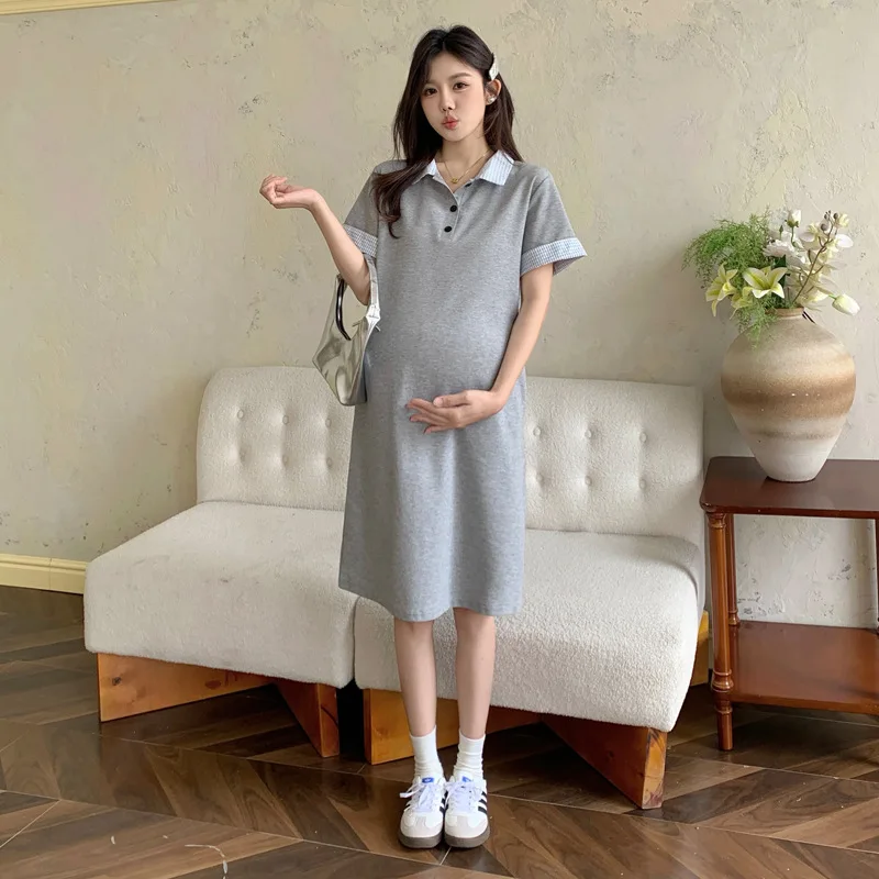 Maternity Dress Summer 2026 Minimalist Versatile Loose Comfortable Polo Collar Plaid Patchwork Short Sleeve Dress For Pregnancy