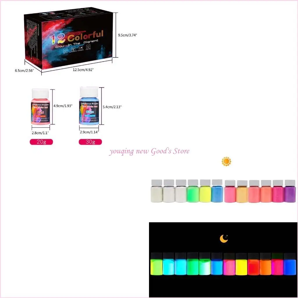 57QA 12 لون مسحوق مضيء يتوهج في الظلام مسحوق صباغة للراتنج الفن الوحل مسمار الفن الاكريليك الطلاء وصنع الحرف اليدوية