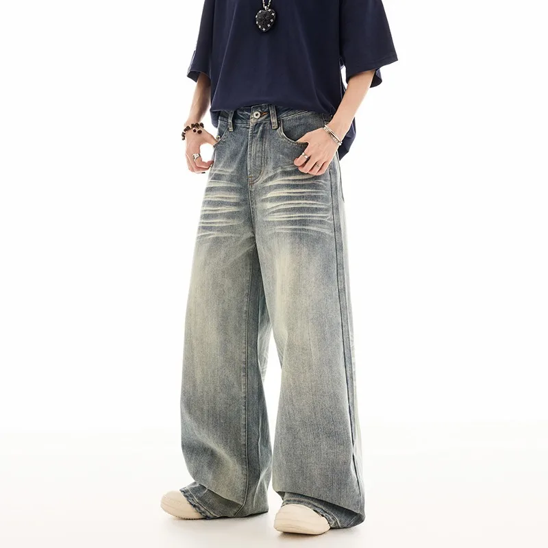 HKSH American Washed Gradient Cat-ear Denim Jeans Men Heavy Distressed Loose Straight-Leg Trendy Casual Denim Pants Y2K HK27038