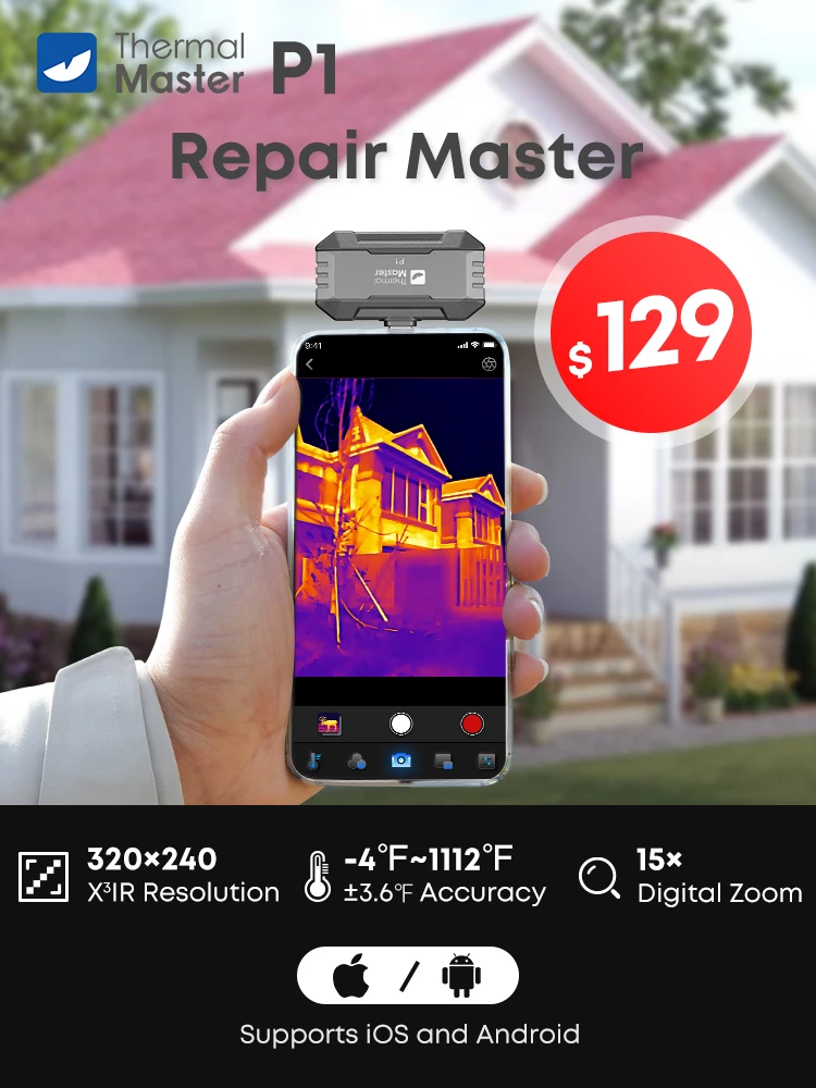320 * 240 warmtebeeldcamera P1 voor iPhone en Android mobiele telefoon 600 ℃   HVAC Huisinspectie 15X Digitale Zoom - afbeelding 2