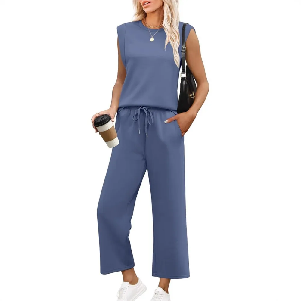 

2025 Loose Fashionable Suit Solid Color Sleeveless Round Neck Vest Top+Drawstring Wide-leg Pants Casual Two-piece Set Commuting