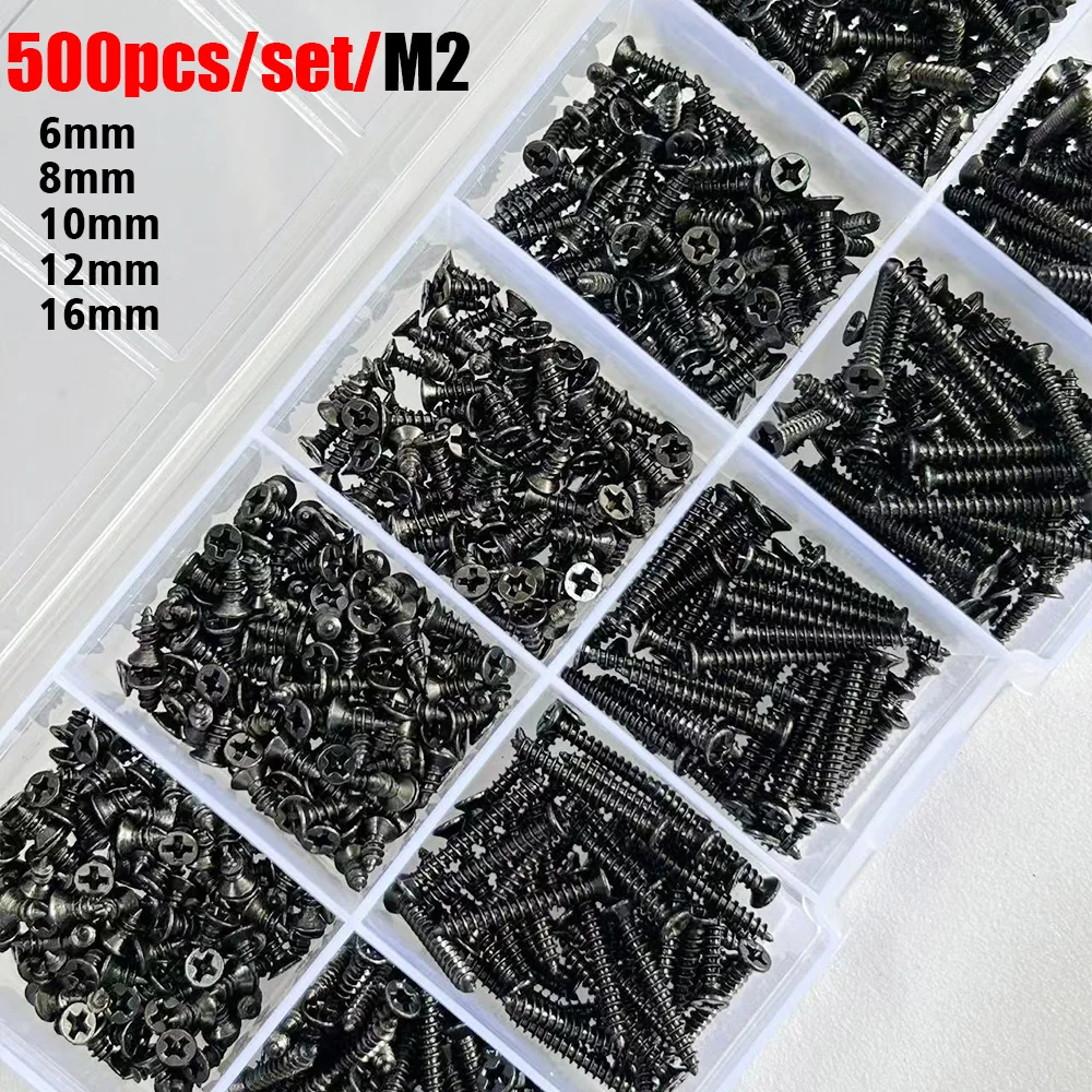 500pcs M2 Black High-Strength Self-Tapping Screws, Available in 6mm,8mm,10mm,2mm,16mm,Suitable for Wood and Soft Metal Materials