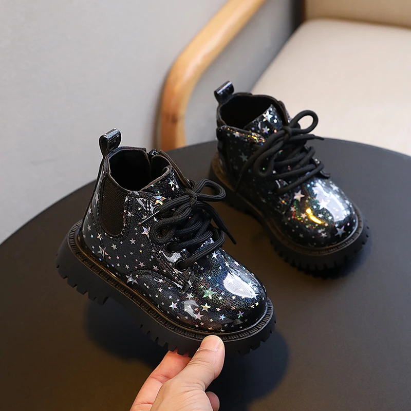 Children Autumn Boots Star Shining Chunky Zipper Kids Short Boot Leisure Fashion Unisex Toddler Leisure Boys Girls Shoes 21-30