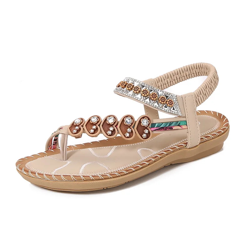 

Women's Sandals 2025 Summer Bohemian Flip Flops Fashion Casual Rhinestone Flat Bottom Round Toe Pinch Foot Open-toed Sandals