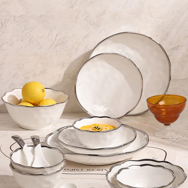 Creative Silver Edge Ceramic Plates Light Luxury Restaurant Soup Bowls Plate Set Delicious Dishes Exquisite Household Tableware