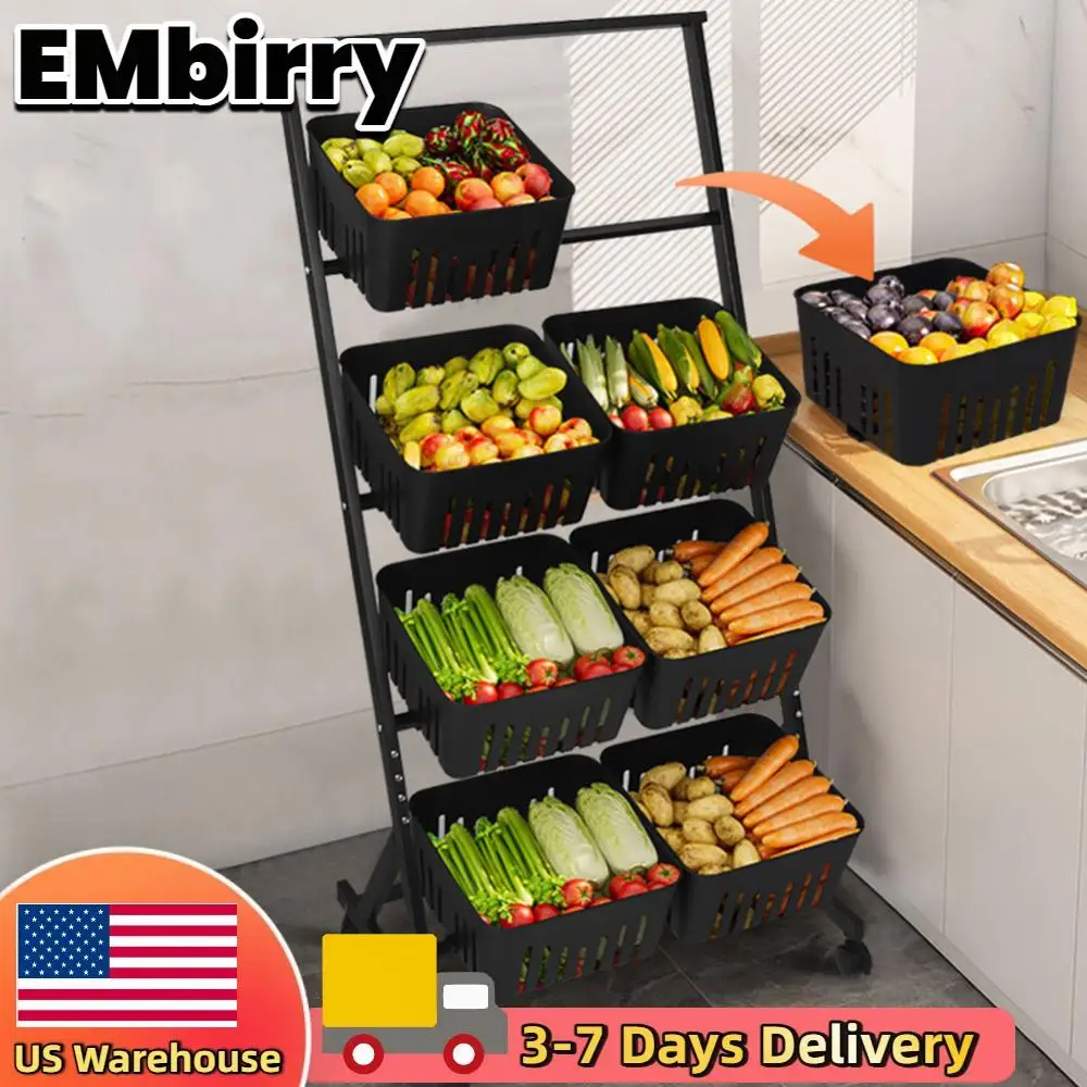 

4 Tier Kitchen Storage Cart with Wheels Rolling Snack Cart Fruit Basket Vegetable Stand Kitchen Pantry Storage Organizer