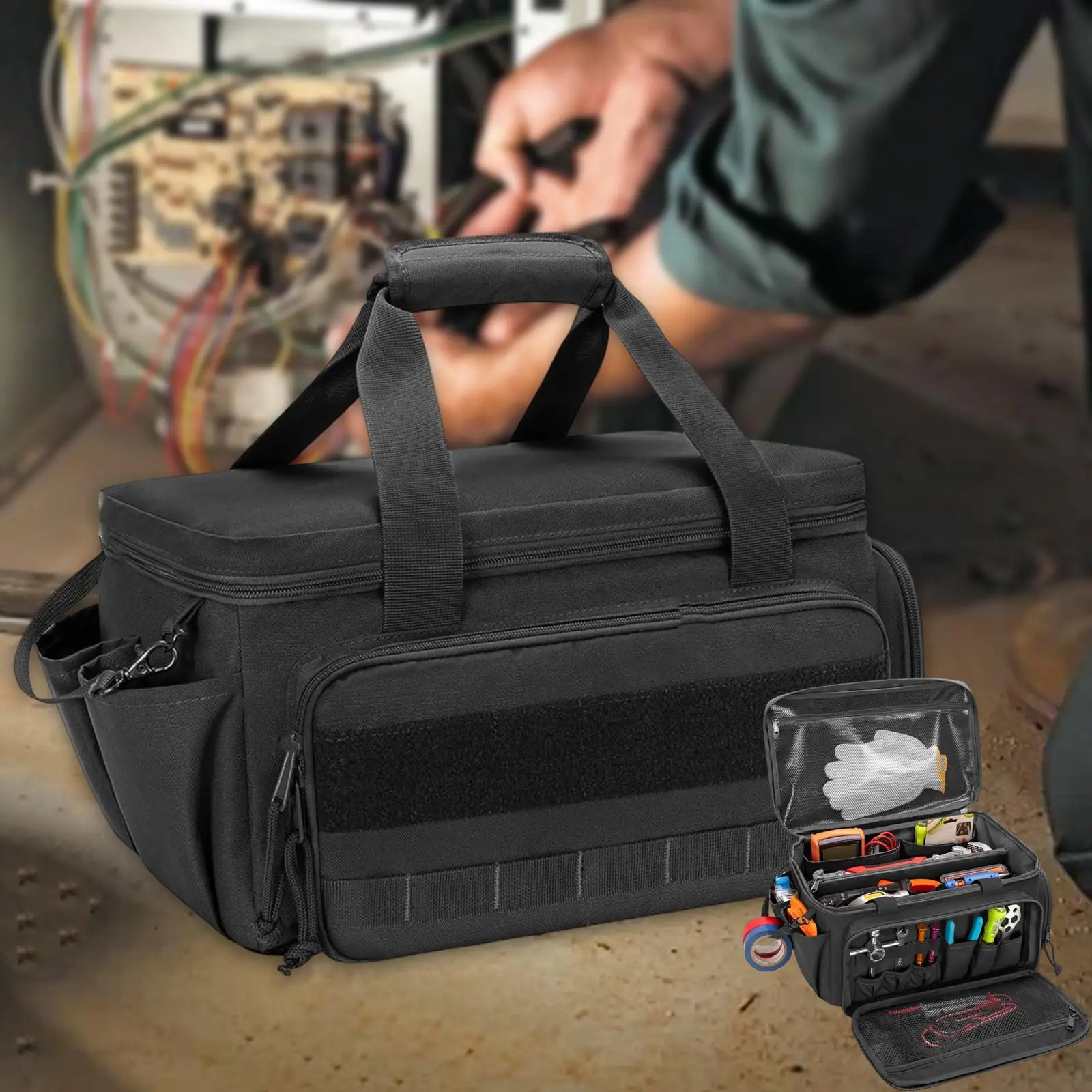 Portable Wrench Bag Tool Tote with Multiple Pockets and Side Lanyard for Measuring Tape Gloves Accessories