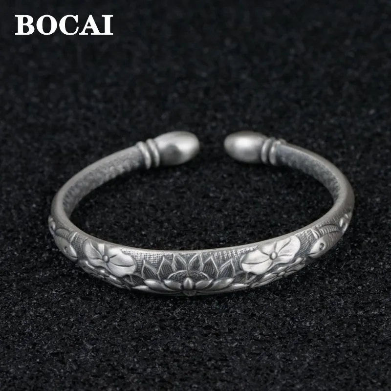 

BOCAI S999 Sterling Silver Bracelet for Mother Six Syllable Mantra Fish Lotus Bangle Pure Argentum Amulet Jewelry Lover's Gift