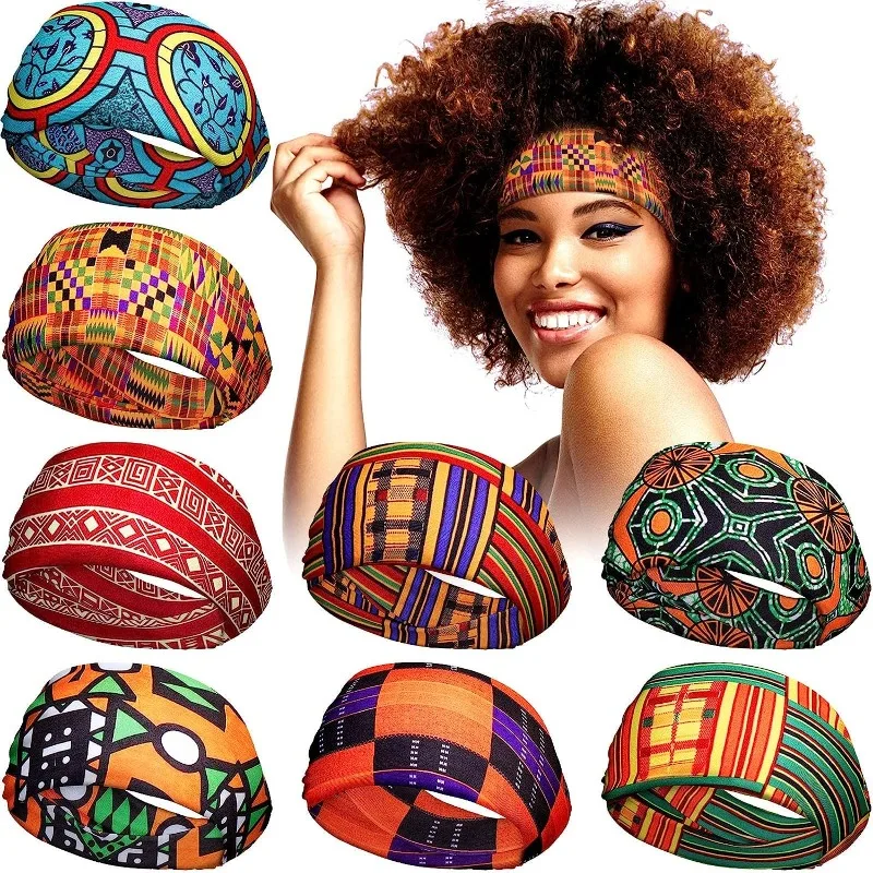 

New African Headband Stretchy Boho Print Hairband Yoga Running Sports Workout Head Grip Band Elastic Turban Headwrap