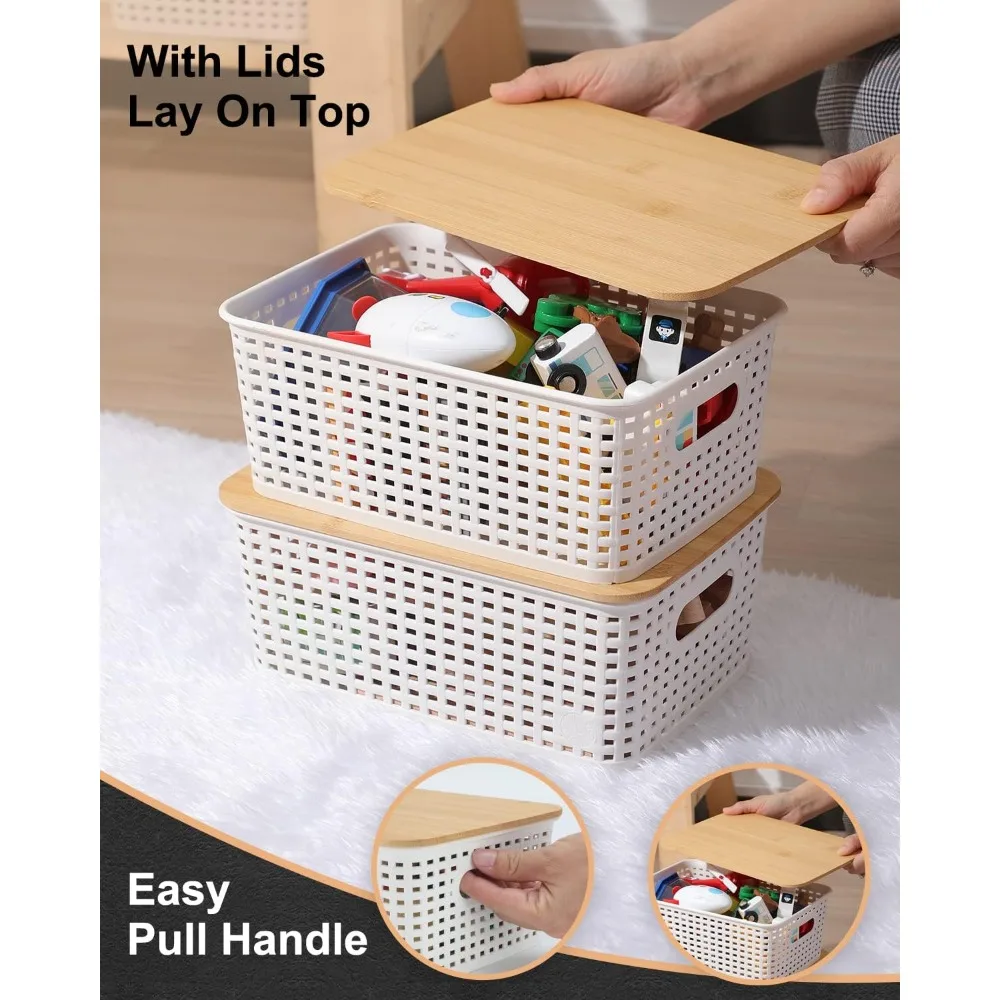 Plastic Storage Baskets Bamboo Lid Pantry Organization Storage Containers Lidded Storage Container Organizer Shelves, 6 Pack