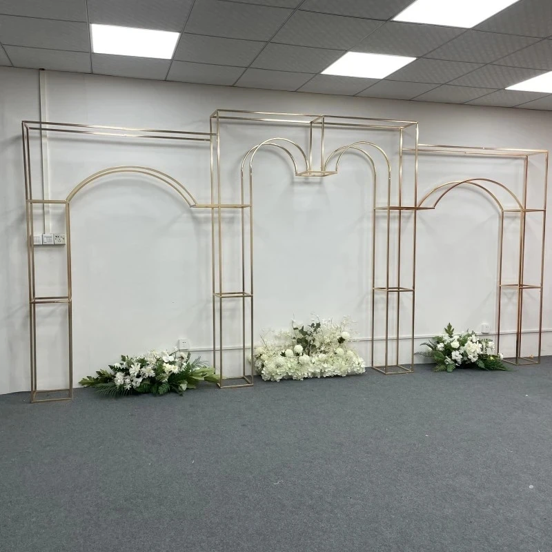 3-teiliges, glänzend vergoldetes 2,2 m langes quadratisches Hintergrundregal, geometrischer Blumenbogen für Hochzeiten, Türständer, künstliche Floristenbedarf. – Detail 22