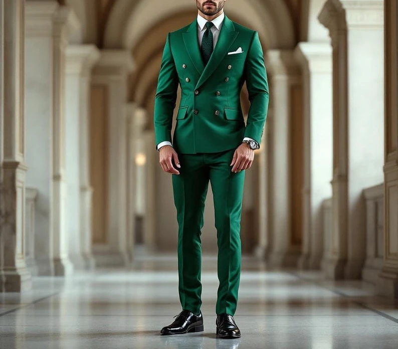 

Зеленый двубортный мужской костюм свадебный смокинг
