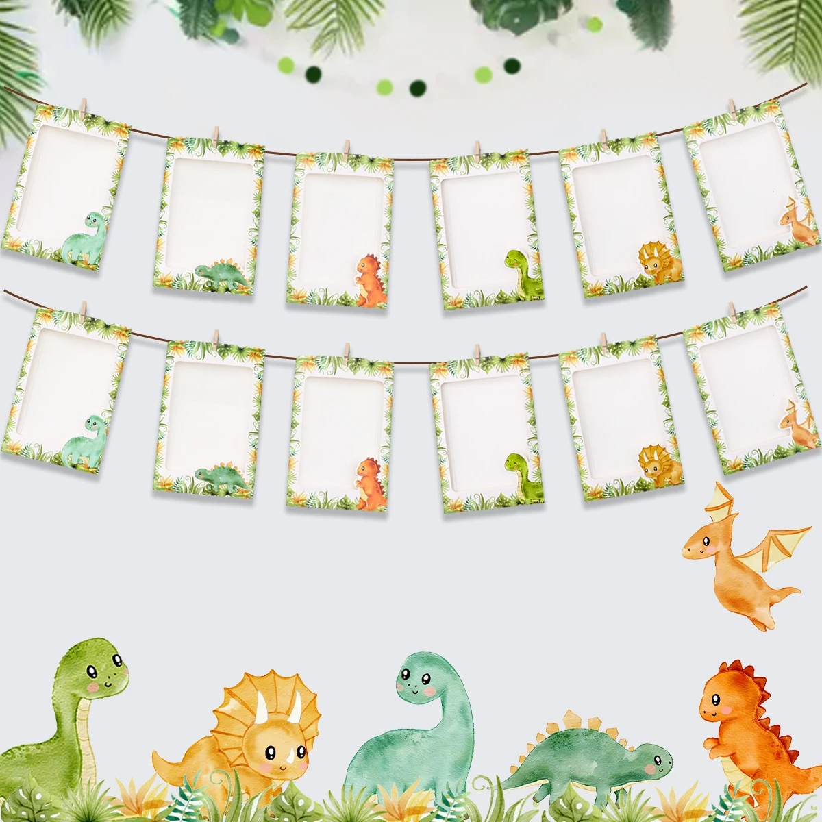 Feliz aniversário moldura de foto banner dinossauro foto guirlanda primeiro aniversário festa decoração crianças menino menina chá de fraldas decoração de festa