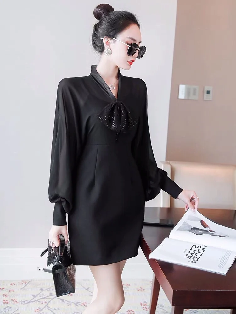 

New And Winter 2023 Autumn Women's ClothingSilk Stitching Bow Slimming Dress 1026