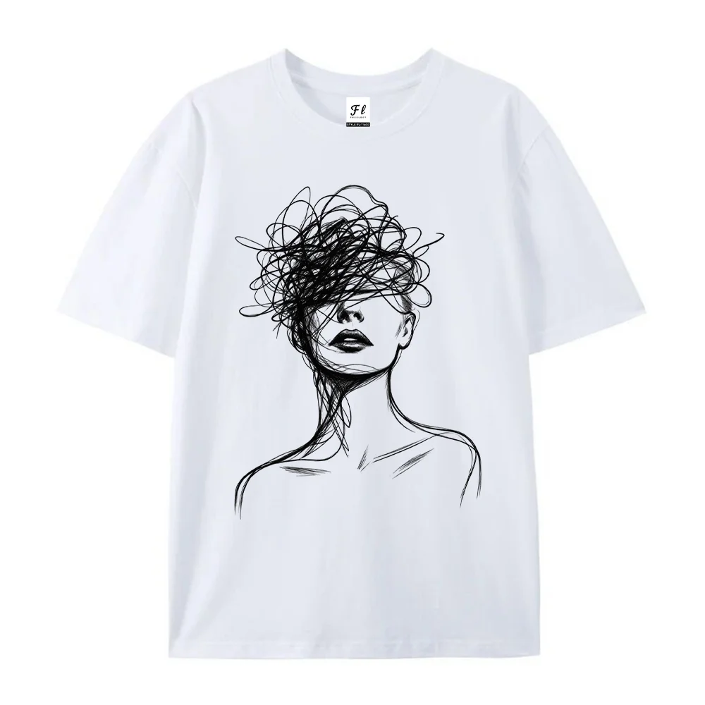 Women Short Sleeve Tee T Shirt Abstract Scribble Hair Face Line Art Graphic Print Casual O Neck Cotton Top Streetwear