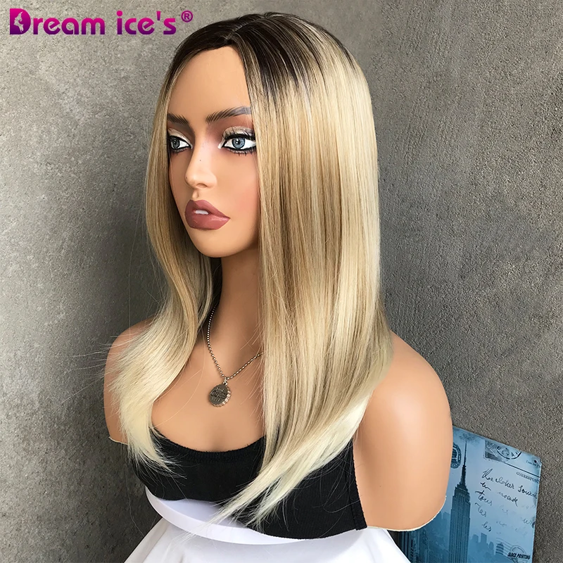 18Inch Mixed Blond  Medium Straight  Wave Hair Synthetic Wig Fiber High Temperature Silk Hair Fashion  Women\'s Daily Wear Wigs