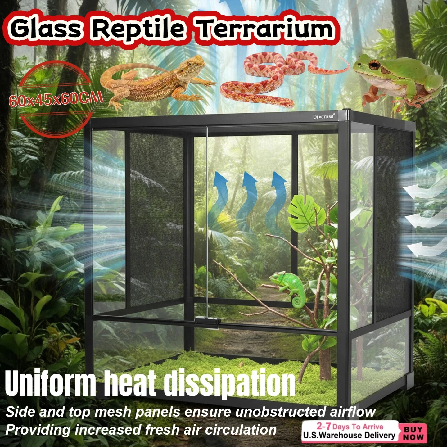 Reptile Zoo Tall Glass Rainforest Habitat Double Hinge Door with Screen Ventilation Reptile Terrarium Easy Assembly Tree Frogs