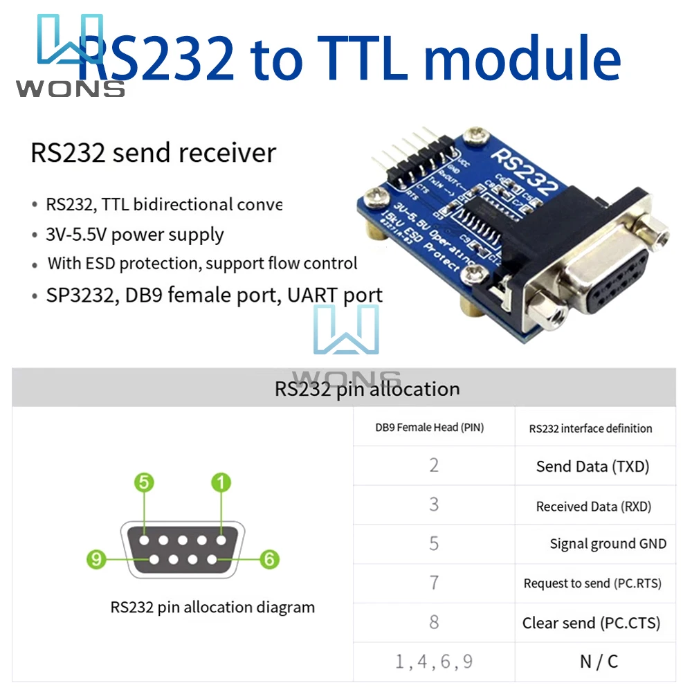 RS232 para TTL Serial Port Module, Escovando o cabo com transceptor, Módulo de comunicação com fio, SP3232, RS232 para UART