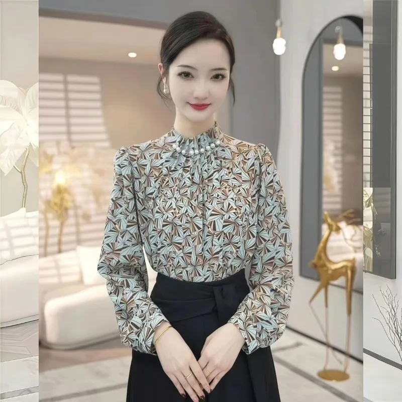 

Spring New Commuter Shirt with Slim Temperament and Slim Shirt French Stand Collar Design Fashionable Printing Design