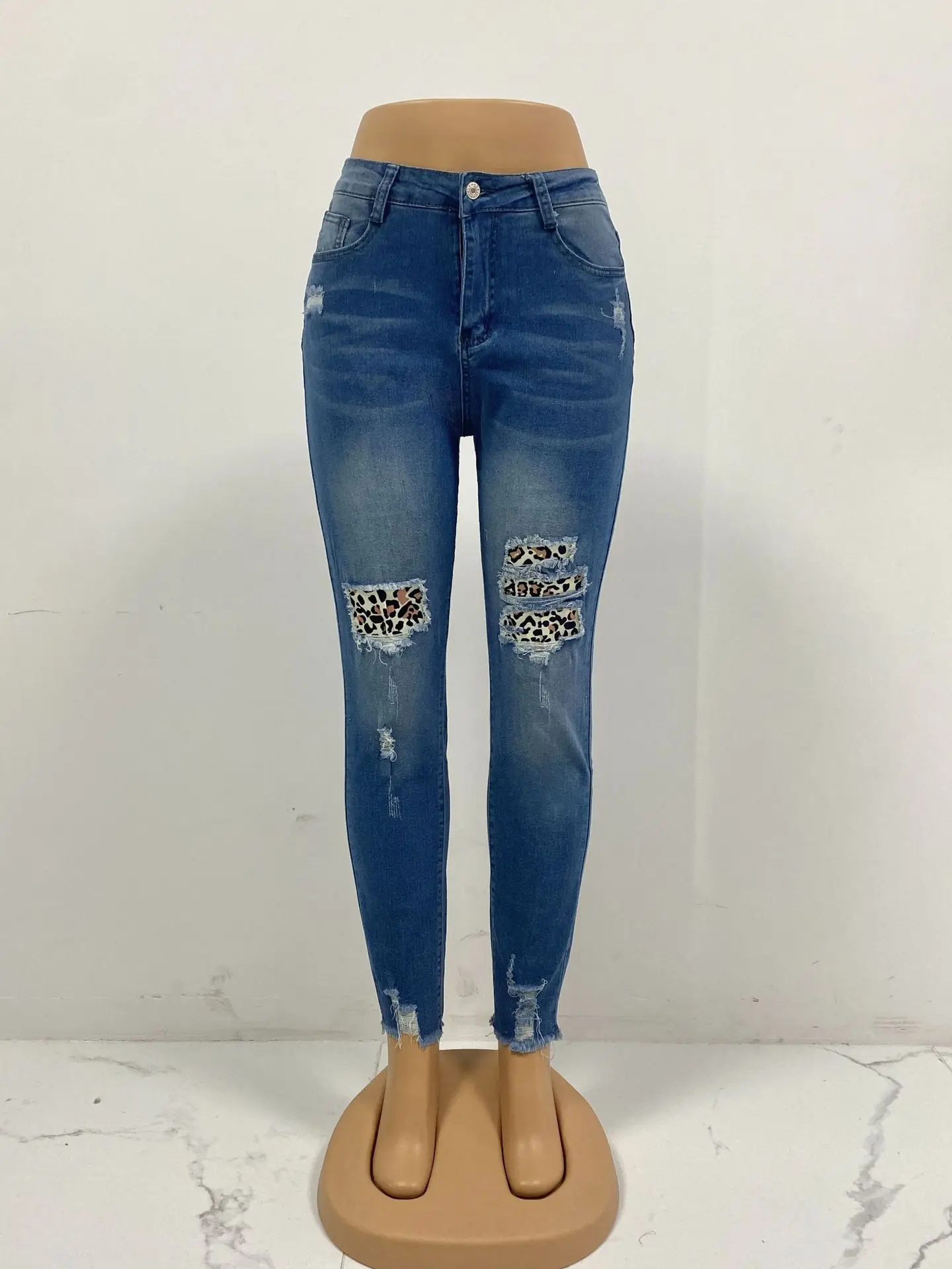 High Quality Denim Pencil Pant Spring/Autumn new broken leopard patch cloth slimming waist wash jeans woman