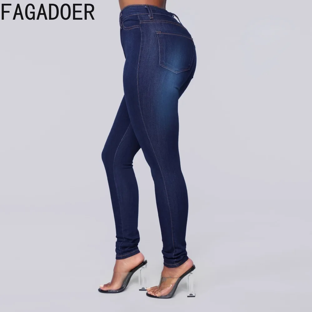 FAGADOER Blue Fashion High Elastic Skinny Jean Pencil Pants Women High Waisted Button Pocket Denim Denim Trousers Female Bottoms