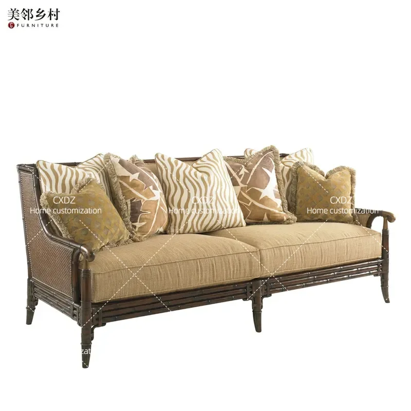 Retro Solid Wood Rattan Sofa Tropical Floral Fabric Couch Living Room 1 2 3 Seater Custom Bamboo Furniture