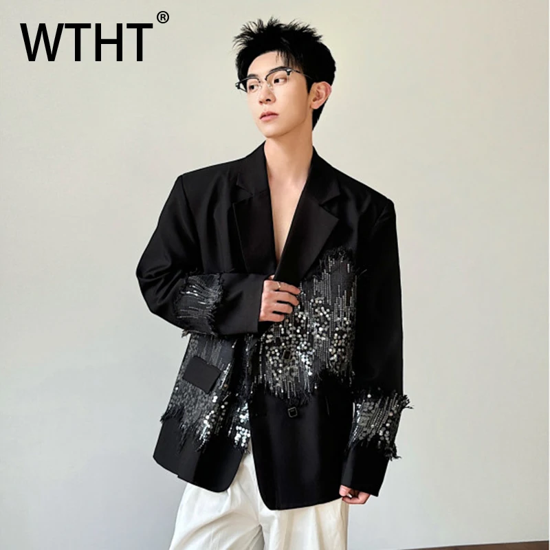 WTHT Modischer Herren-Blazer mit Glitzer-Edelstein-Design, Trendige Sommerjacke 2026 mit Revers und Langen Ärmeln, Lässige Herrenjacke 2A2838