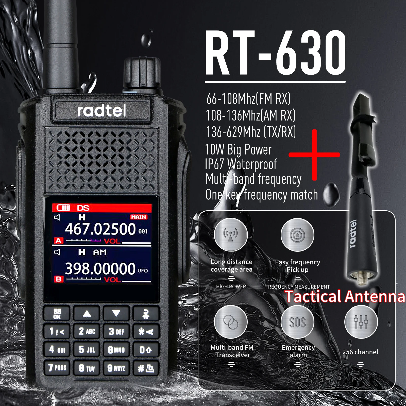 

Radtel Waterproof Full Bands Amateur Ham Radio, Aviation Air Band Walkie Talkie, Wireless Copy Frequency, RT-630, 10W, IP67