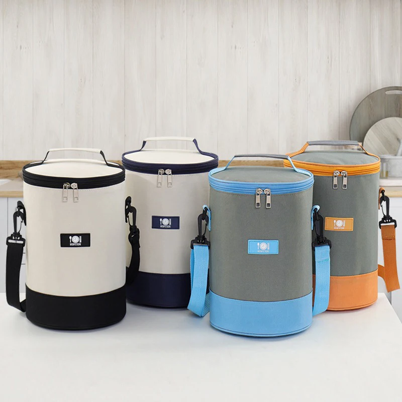 Fresh-Keeping Thickened Lunch Box Bag Round Barrel Oxford Cloth Insulation Bag Large-Capacity Portable Lunch Bag 2024 New