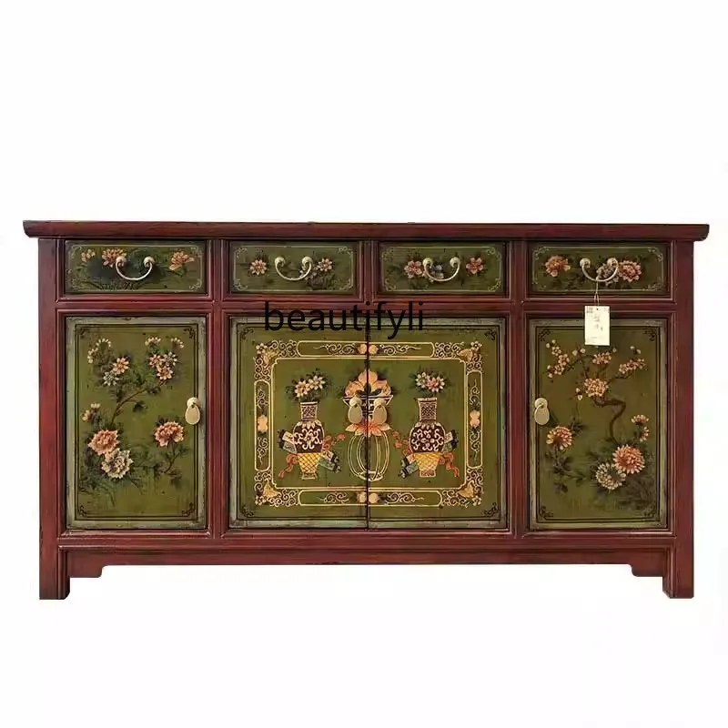 New Chinese style retro furniture hand-painted entrance cabinet old hand-painted sideboard storage decorative cabinet