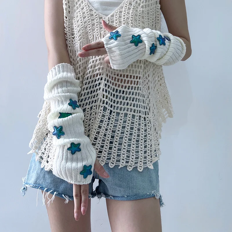 Y2K Knitted Oversleeve for Women Fashion Star Fingerless Knit Gloves Warm Woolen Arm Warmer Japanese Girls Lolita Jk Accessories