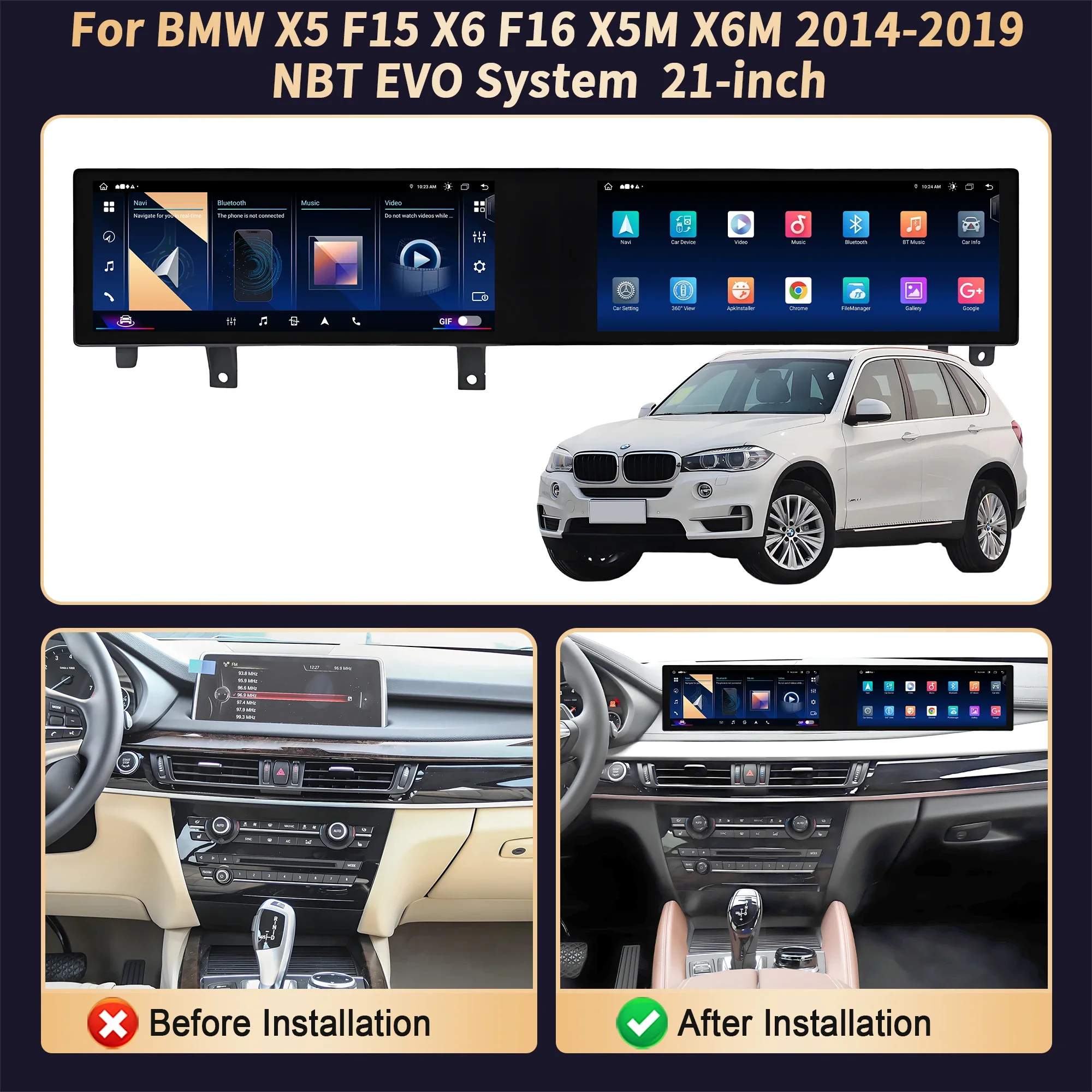 21 inch For BMW X5 F15 X6 F16 X5M X6M 2014-2019 Android Radio Wireless Apple Bluetooth Carplay Multimedia Touch Screen Stereo