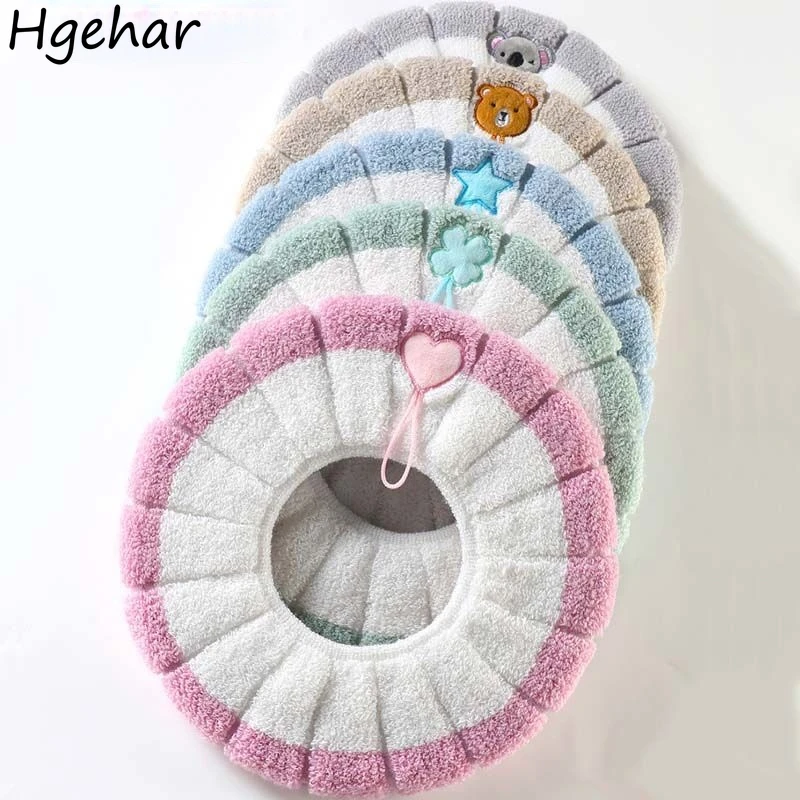 With Handle Cartoon Soft Warm Winter Toilet Seat Cover Bathroom Washable High Elasticity Knitting Universal Closestool Mat 1 Pcs