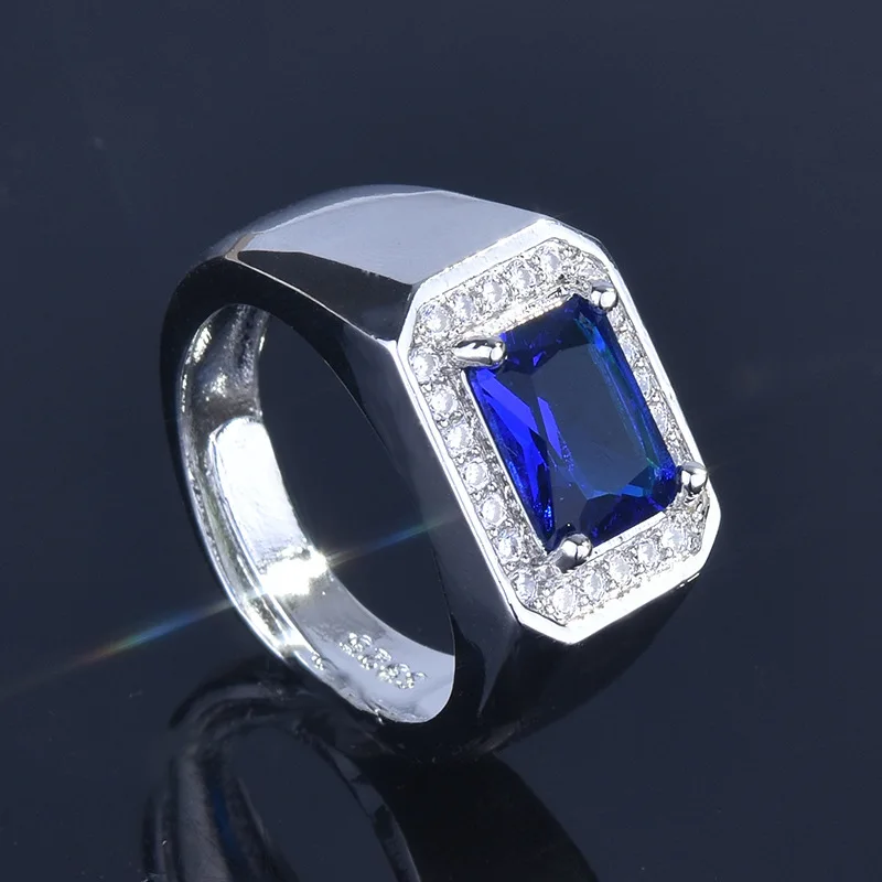 S925 Sterling Silver Mens Statement Open Ring Inlaid With Vivid Emerald Square Cut Diamond And Sparkling Sapphire Fine Jewelry 
