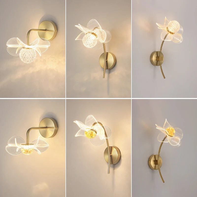 Modern LED Wall Lamp Electroplated Flower Shaped Bedroom Bedside Light Study Dining Room Living Room Background Decoration Lamp