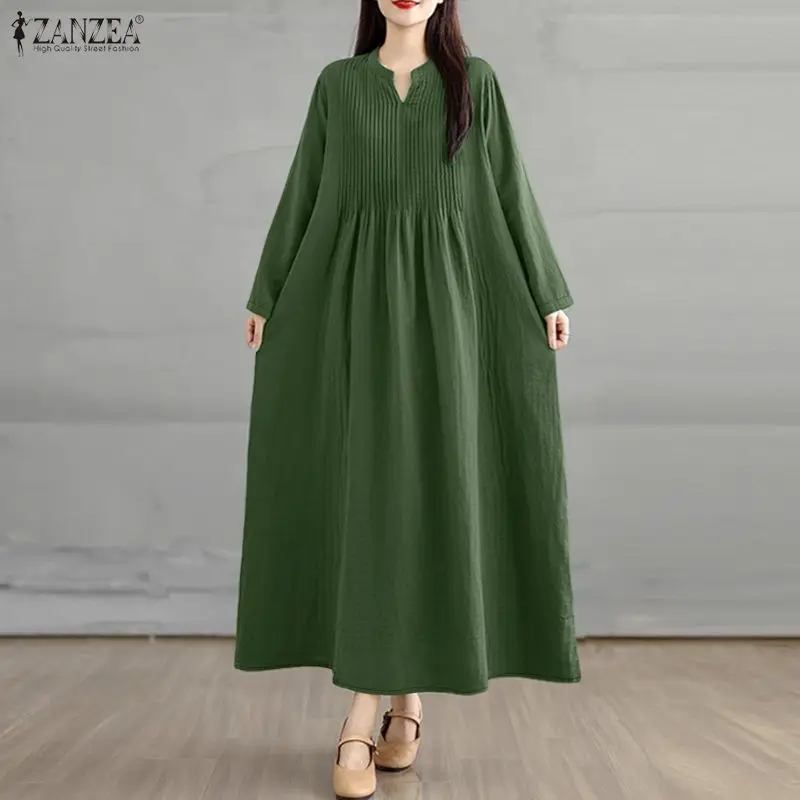 ZANZEA Damen Lose Lange Kleider Pintuck Detaillierte V-ausschnitt Langarm Einfarbig Casual A-Linie Kleid Frühling 2026 Frau Kleidung