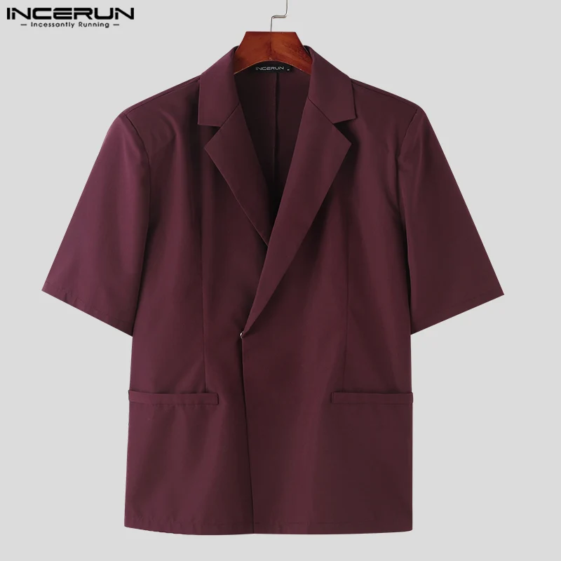 INCERUN Men Blazer Solid Color Lapel Short Sleeve Summer Streetwear Male Suits 2024 One Button Fashion Casual Male Blazer S-5XL