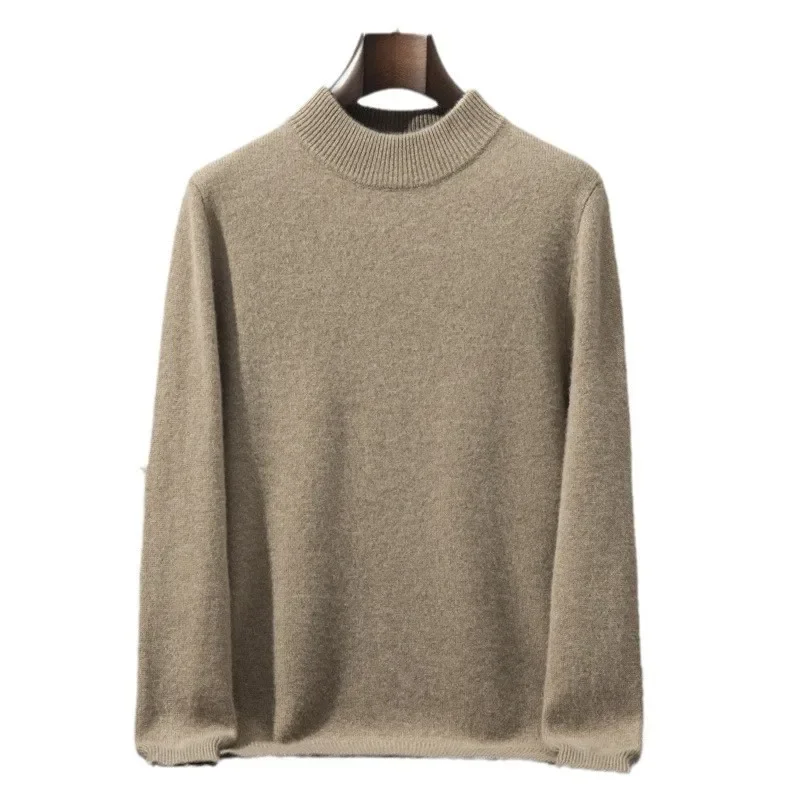 Sweter Rajutan Leher Tiruan Pulover Pria Jumper Lengan Panjang Solid Slim Fit Wol Standar Sedikit Strech Kasual Musim Dingin 2025 Baru
