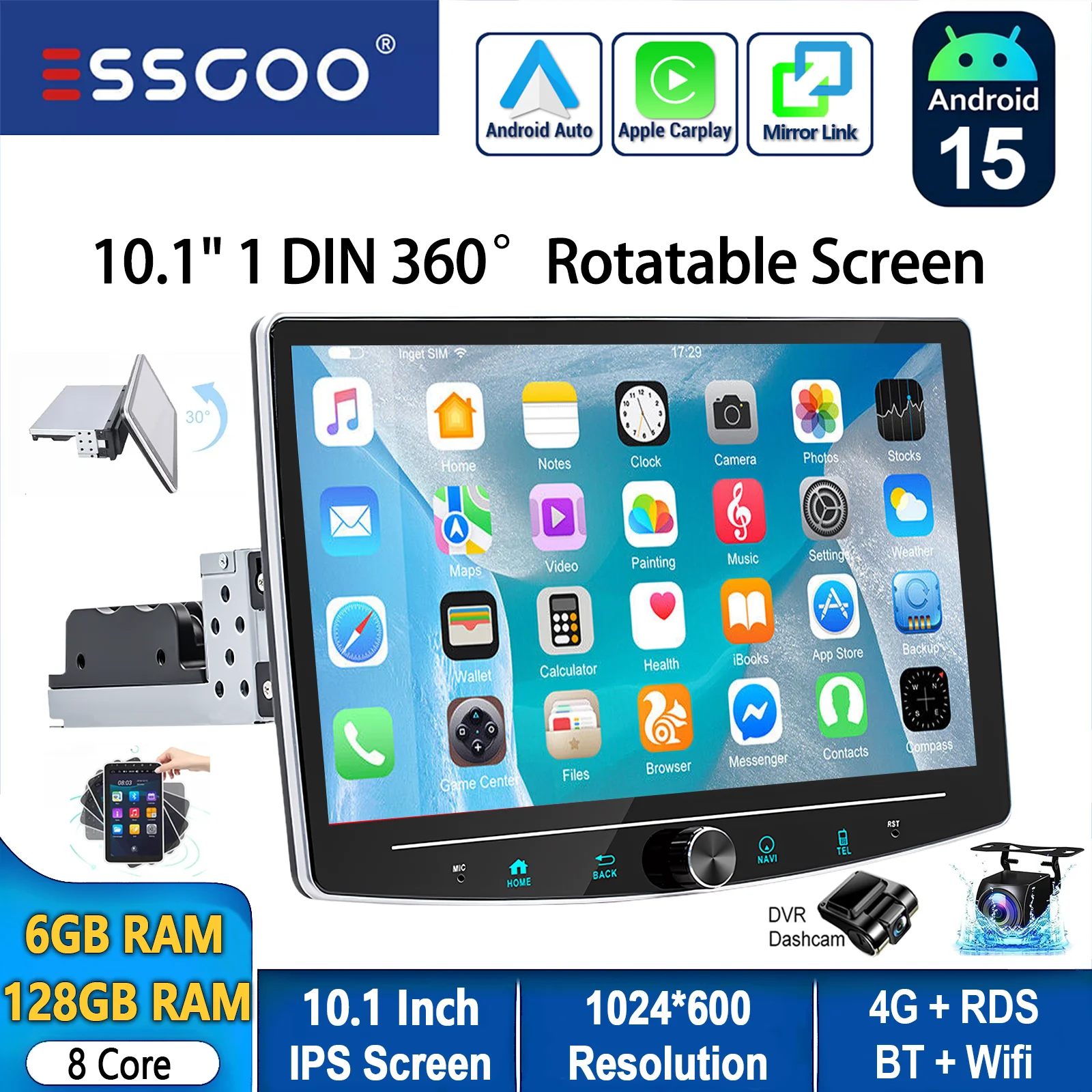ESSGOO Android 15 10.1 "360 °   Draaibaar scherm 1DIN 6 + 128G 8core 4G Universele autoradio Carplay met microfoon AM Wifi BT RDS SWC