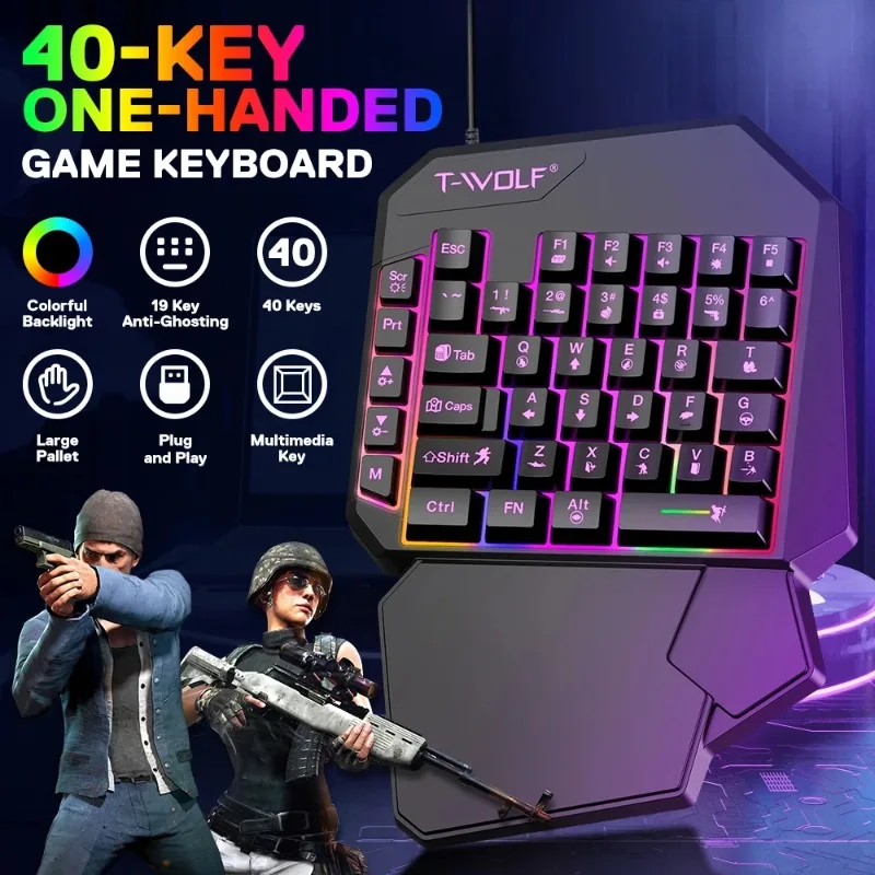 T19 40 Keys One-Handed RGB Gaming Keypad,Multimedia Buttons Ergonomic Palm Rest USB Wired Keyboard For PC Gamer desk accessories