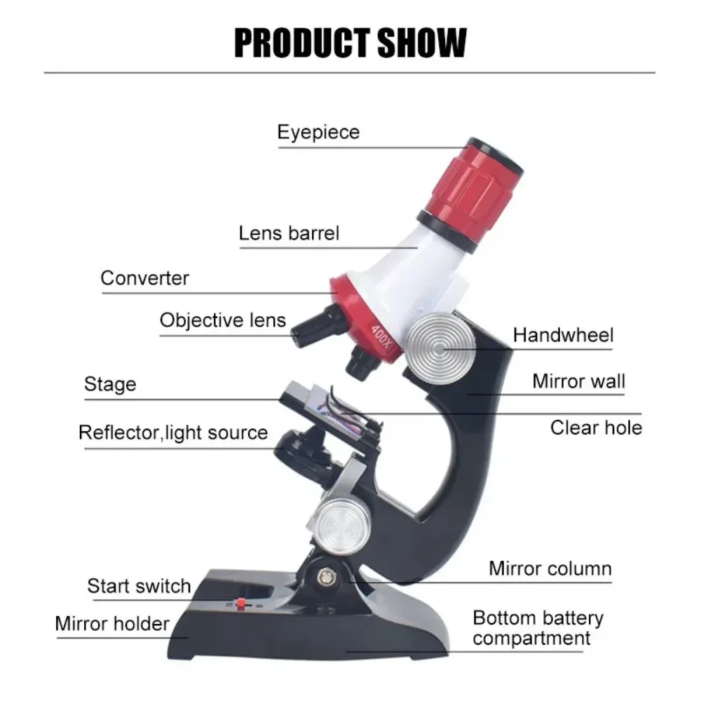 Kids Microscope Kit Lab LED 100X-400X-1200X Home School Science Experiment Educational Microscope Toy Gift Biological Microscope