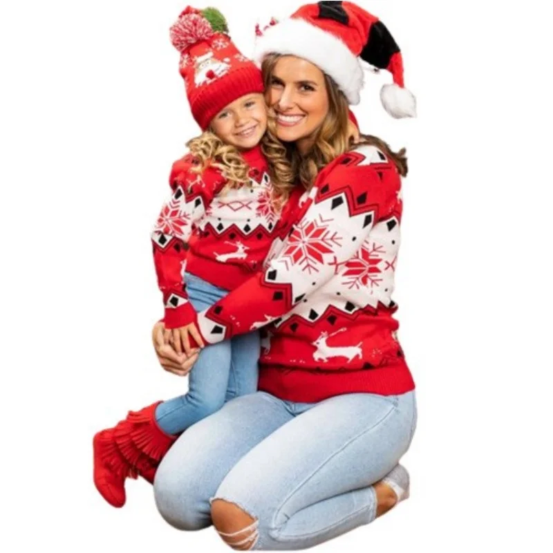 

Women Kids Red Christmas Sweaters Casual Soft Jumpers Warm Thicken Matching Outfits Pullover Knitwear Xmas Family Look New
