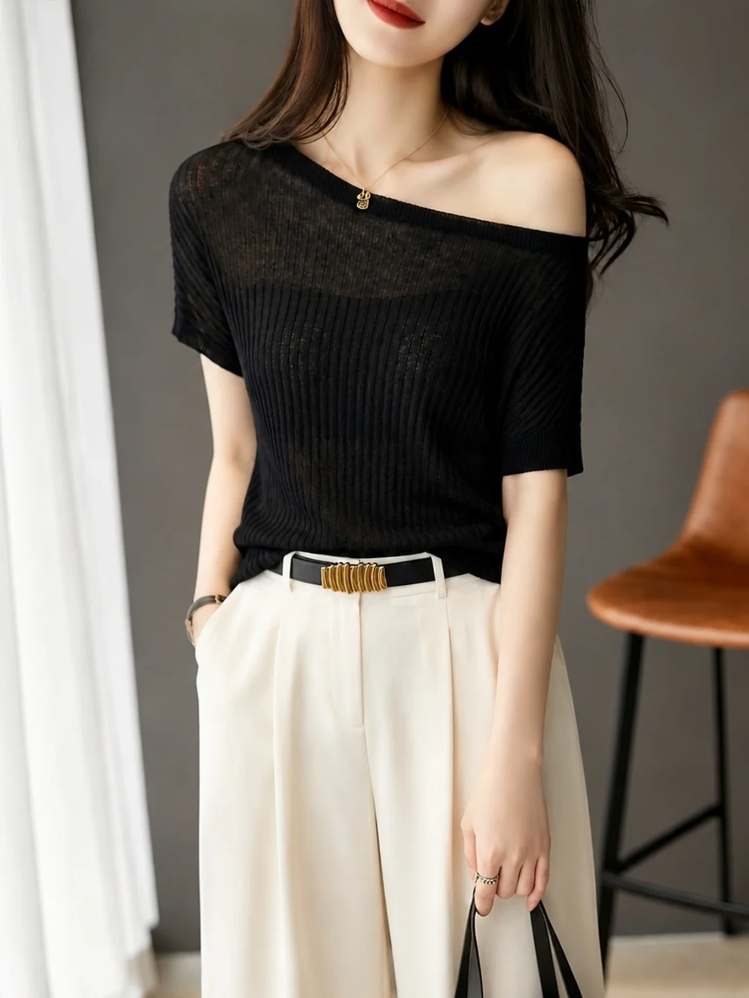 Elegant Short Sleeve Knitted Top Slant Shoulder Design Slimming Fit Autumn New Arrival Korean Style Commute Straight Tube Silk