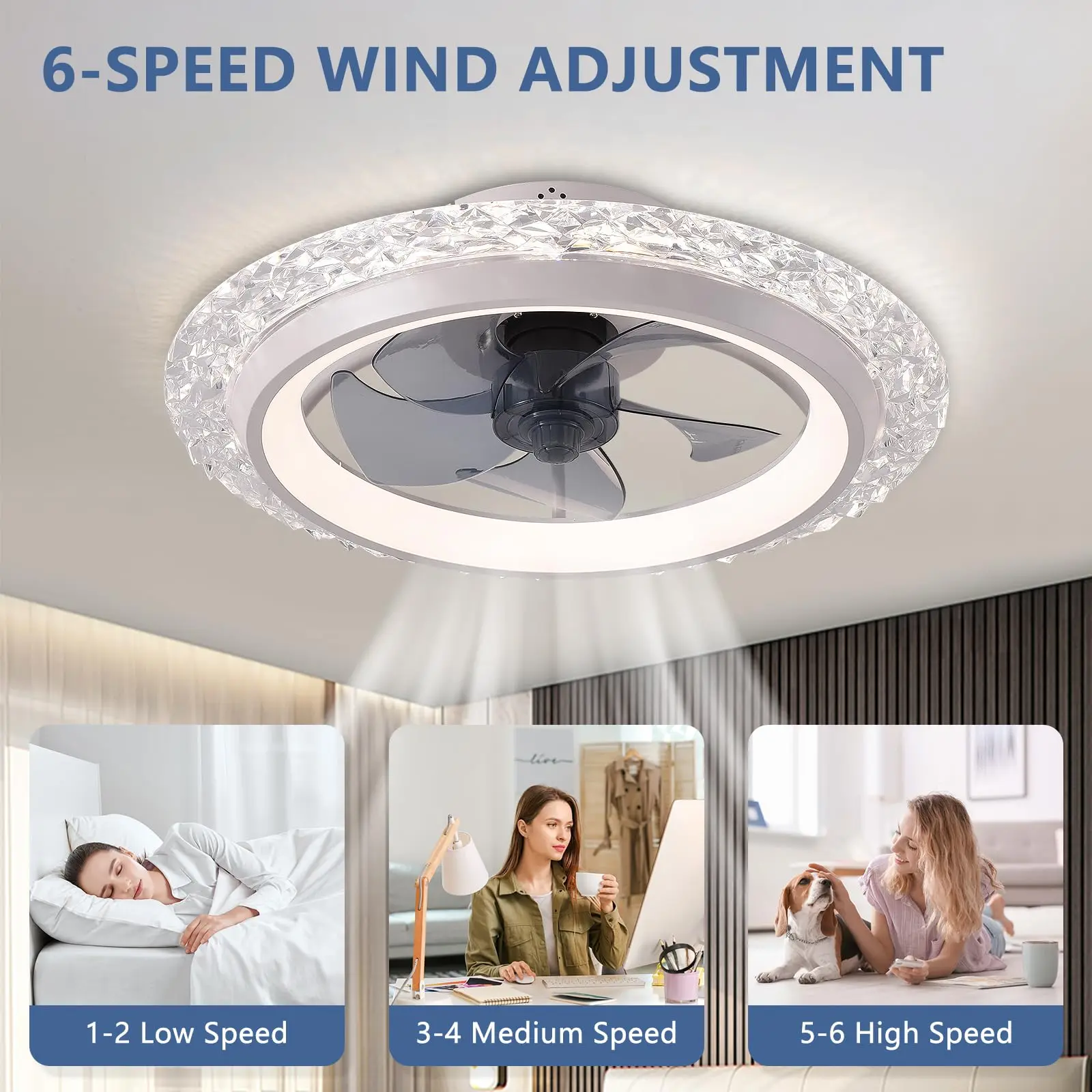 

Crystal Ring Ceiling Fan with Light Nordic Cool Silent Electric Fan Home Study Room Decorative Lighting 6-speed Led Ceiling Fan