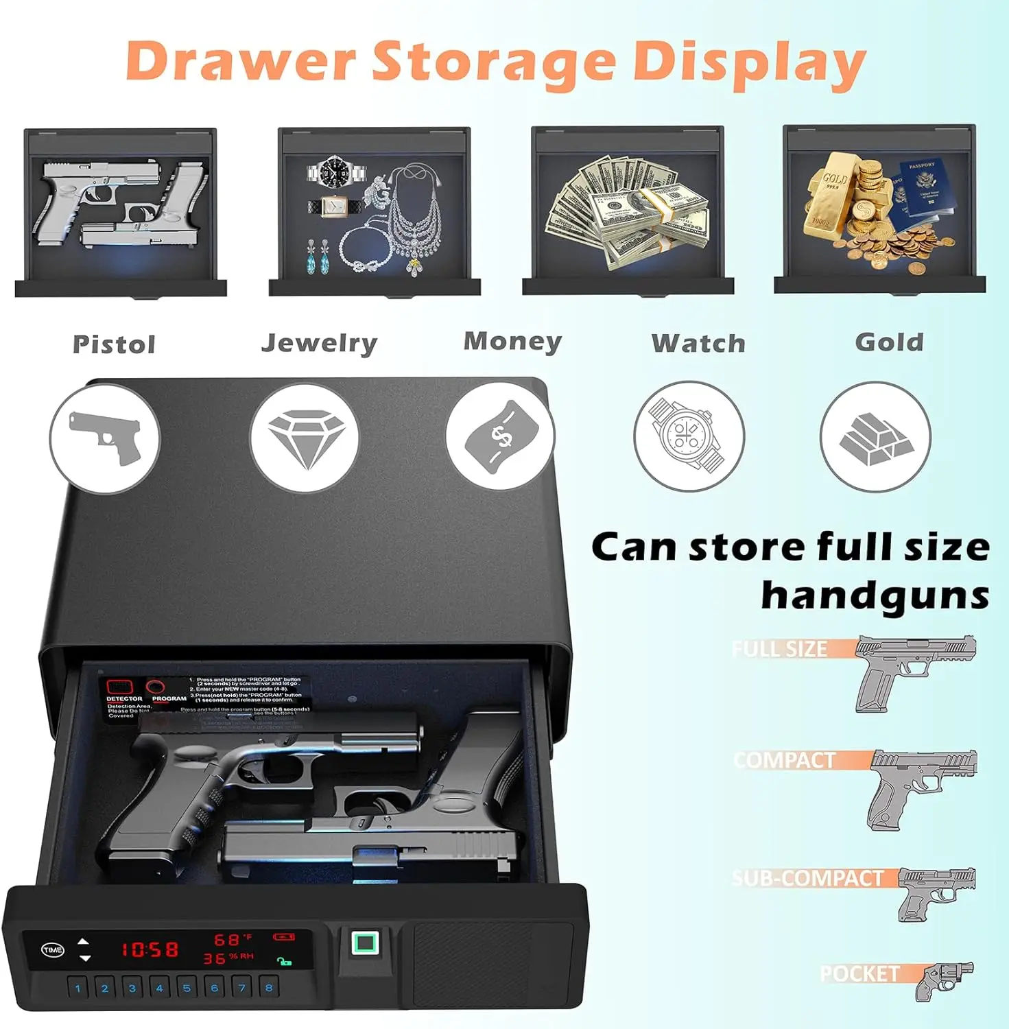 Slide-Away Pistol Handgun Quick Access Gun Drawer Safe with LCD Display of Temp,Humidity,Time,Low Battery Warning,Unlock State f