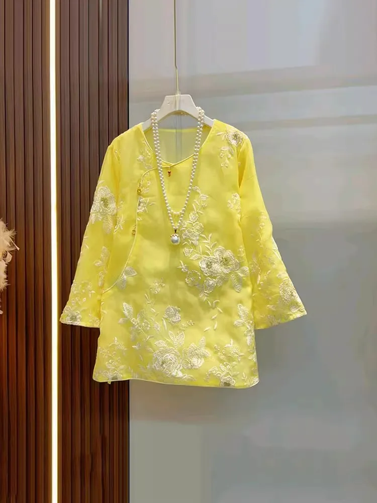 Blus Sifon Bordir Bunga Atasan Renda Longgar Vintage Wanita Atasan Gesper Retro Gaya Cina