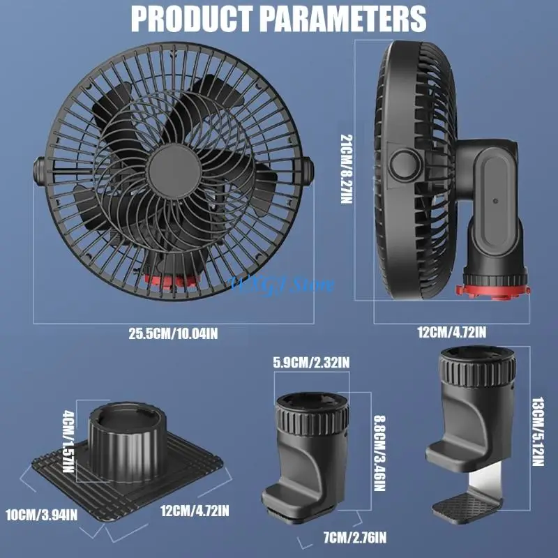 37JE 12V 24V Vehicle Dashboard Fan with Plug In Power and Clip Mount for Truck Cabs