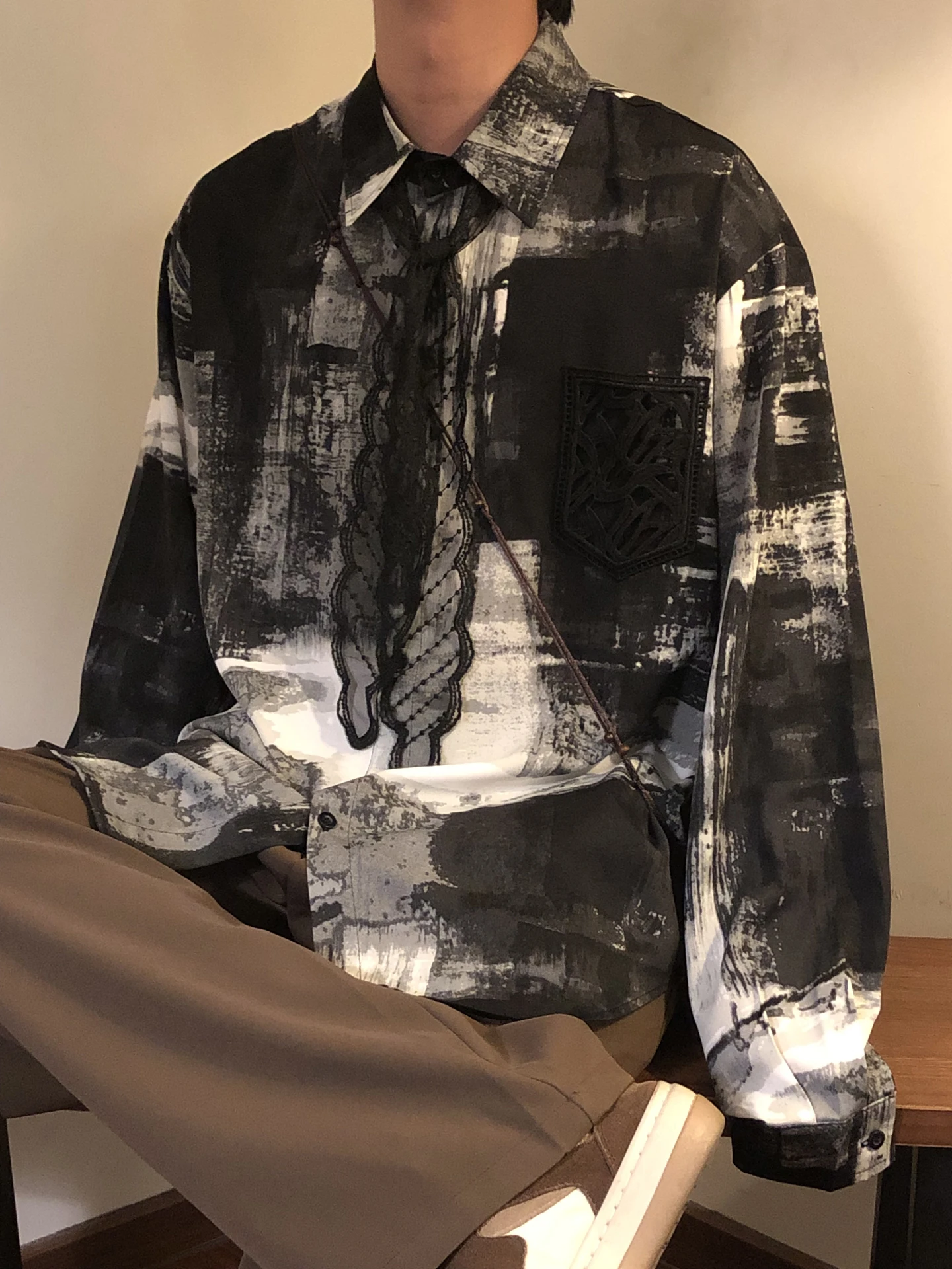 2025 Spring and Autumn New American Retro Style Men's Loose Casual Ink Painting Gradient Long Sleeve Shirt Top