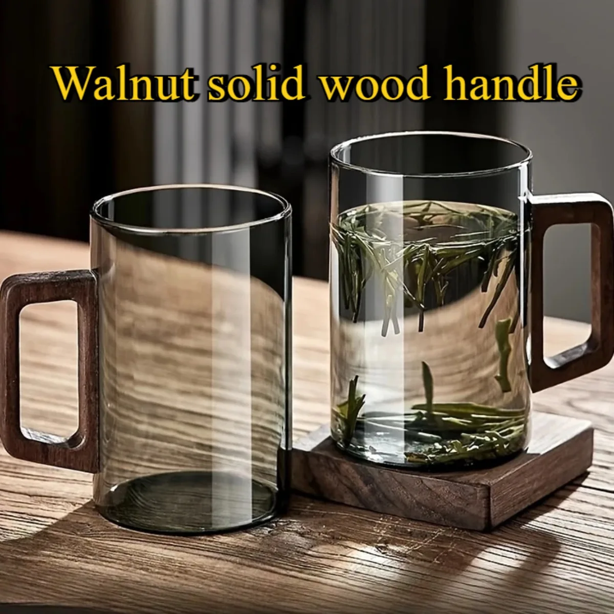 2024 400ml High-end Glass Cups with Walnut Handle Heat-resistant Mug Large Capacity Tea Making Cup Office Drinking Glasses